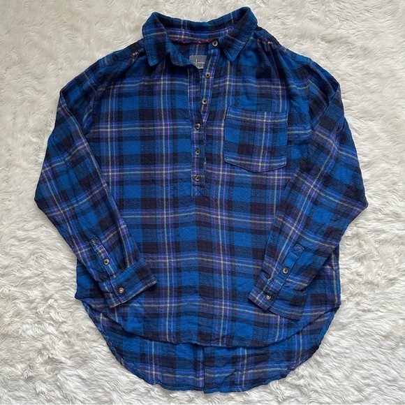 Anthropologie Top Isadora Button-Back Tunic Long Sleeve Plaid Blue M - Picture 2 of 13
